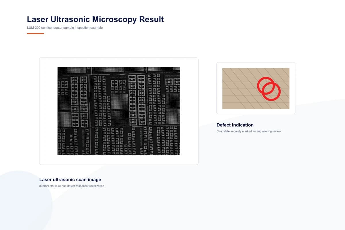 LUM-300 laser ultrasonic microscopy sample result with marked defect indication